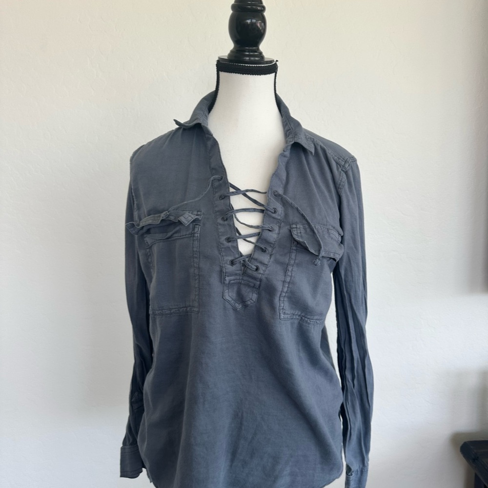SO Gray and Blue Cuffed Sleeve Blouse with Tie Front